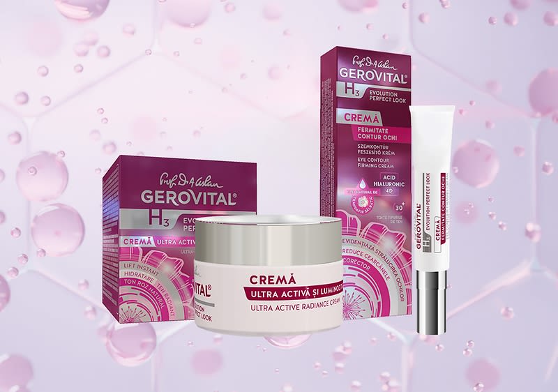 Cremă Gerovital ambalaje și tuburi cosmetice pe fundal roz cu picături