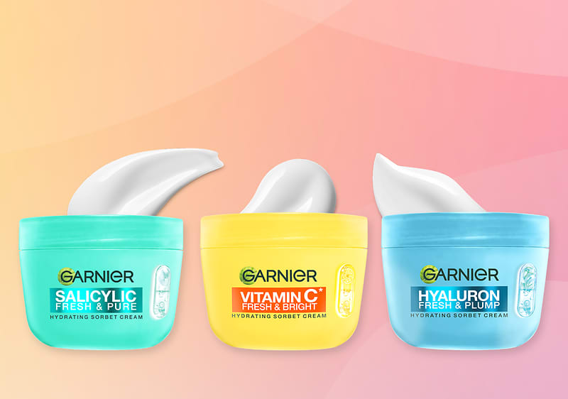 Garnier borcane creme hidratante albastru galben verde pe fundal pastelat