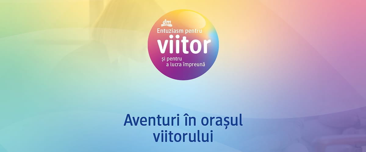 Cerc colorat cu text viitor și slogan și titlu Aventuri în orașul viitorului