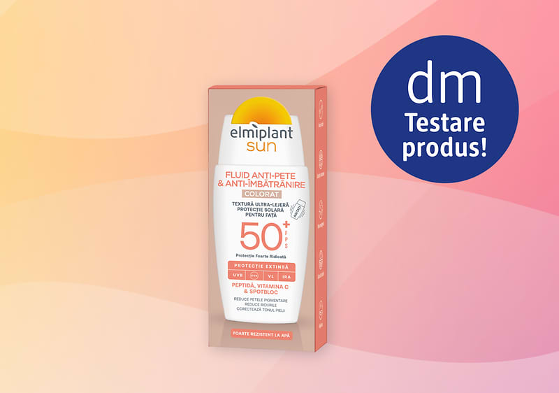 Produs fotoprotector Elmiplant Sun SPF 50+ pe fundal roz cu sigla dm Testare produs