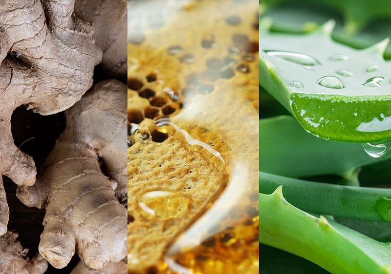 Colaj natură cu rădăcină de ghimbir, miere peste fagure și frunze de aloe cu picături