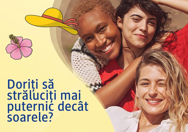 Femei relaxate la plajă sub soare cu text promoțional despre strălucire mai puternică decât soarele