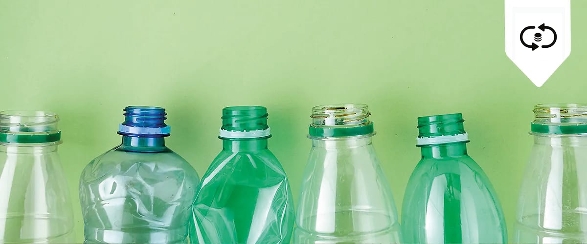 Sticle din plastic goale aliniate pe fundal verde