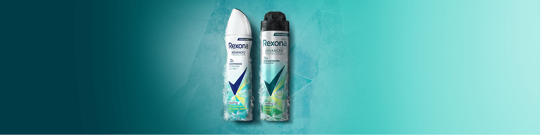 Deodorant Rexona spray alb și negru pe fundal turcoaz cu efect de gheață
