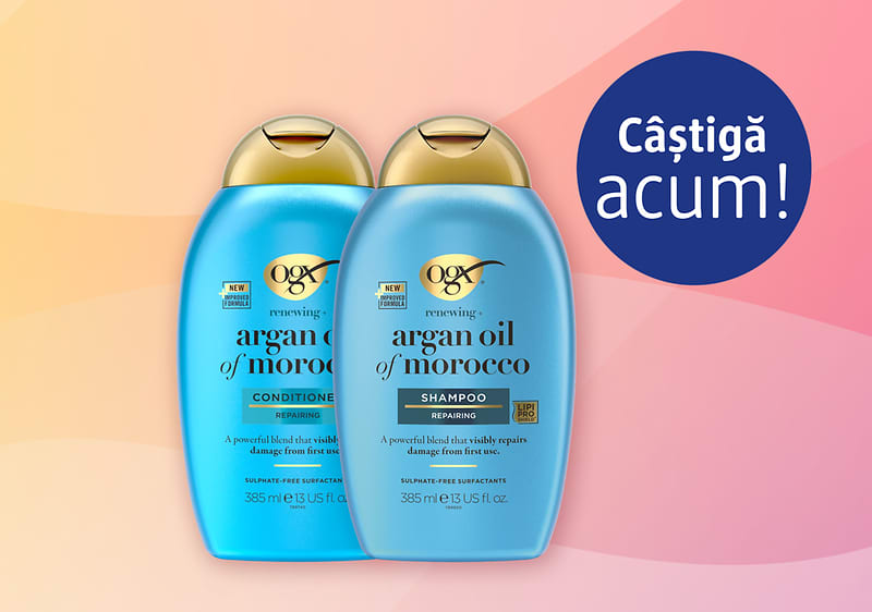 Șampoane OGX argan oil of morocco pe fundal roz-portocaliu cu etichetă Câștigă acum