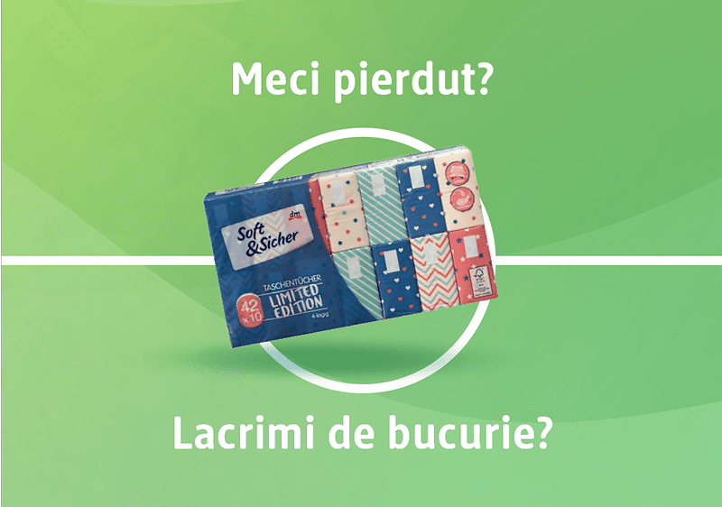 Pachet de șervețele colorate Soft & Sicher pe fundal verde cu text promoțional Lacrimi de bucurie