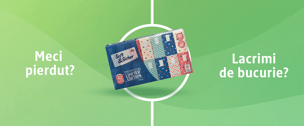Pachet de șervețele colorate Soft & Sicher pe fundal verde cu text promoțional Lacrimi de bucurie