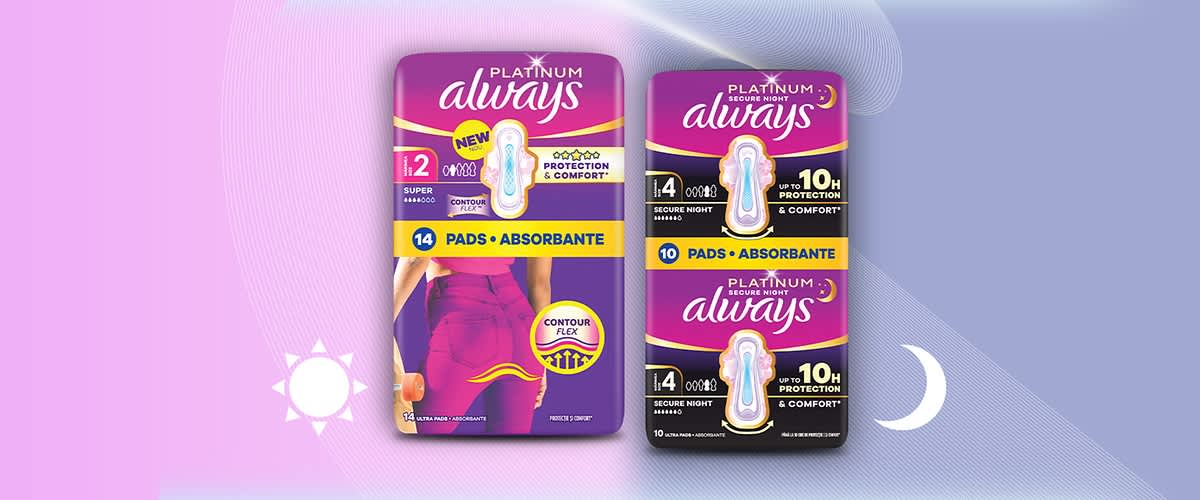 Pachet de absorbante Always Platinum pentru noapte pe fundal violet cu semilună