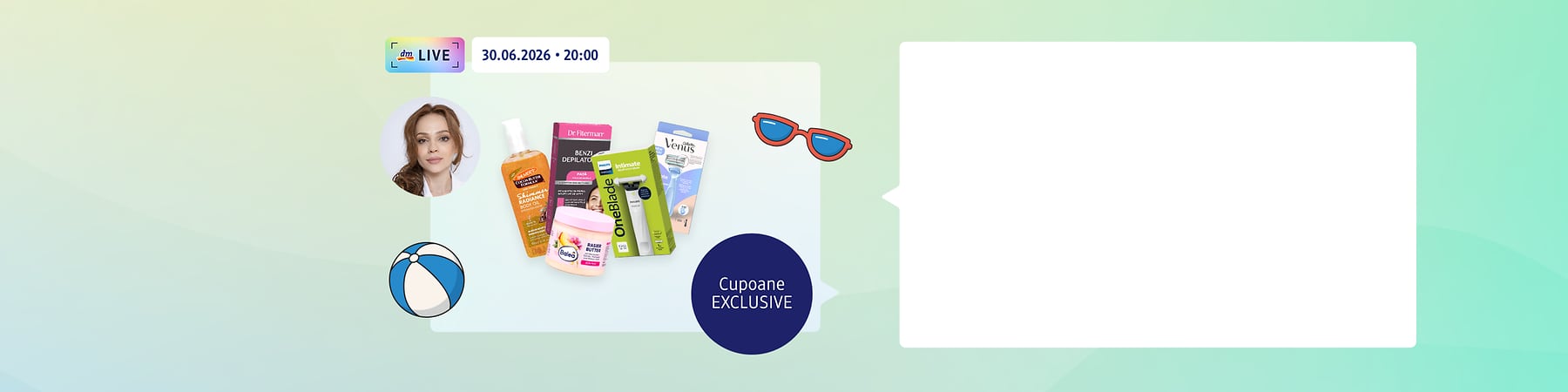 Persoană portret estompat și produse cosmetice (ulei bronzant, cremă, benzi depilatoare, aparat de ras) cu text cupoane exclusive