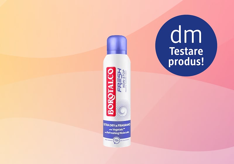 Deodorant spray Borotalco Fresh pe fundal degrade roz-portocaliu cu insignă Testare produs dm