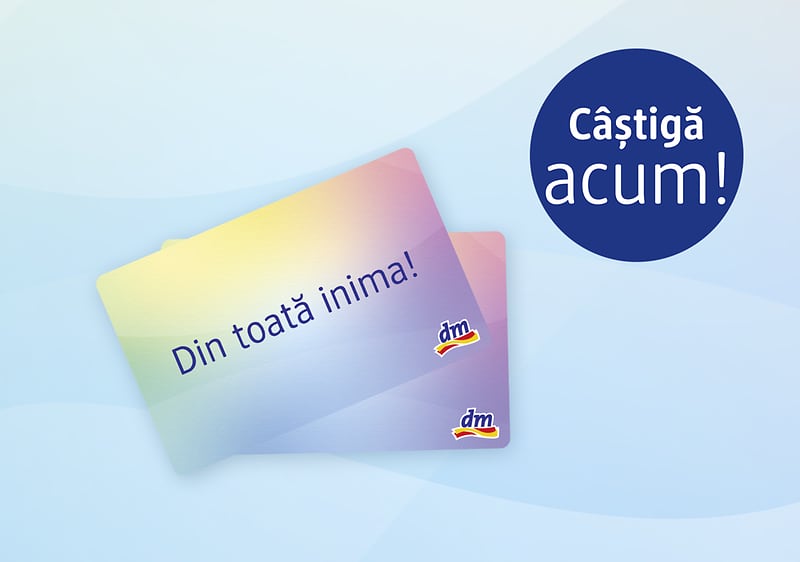 Card cadou colorat cu text Din toată inima și cerc albastru cu mesaj Câștigă acum