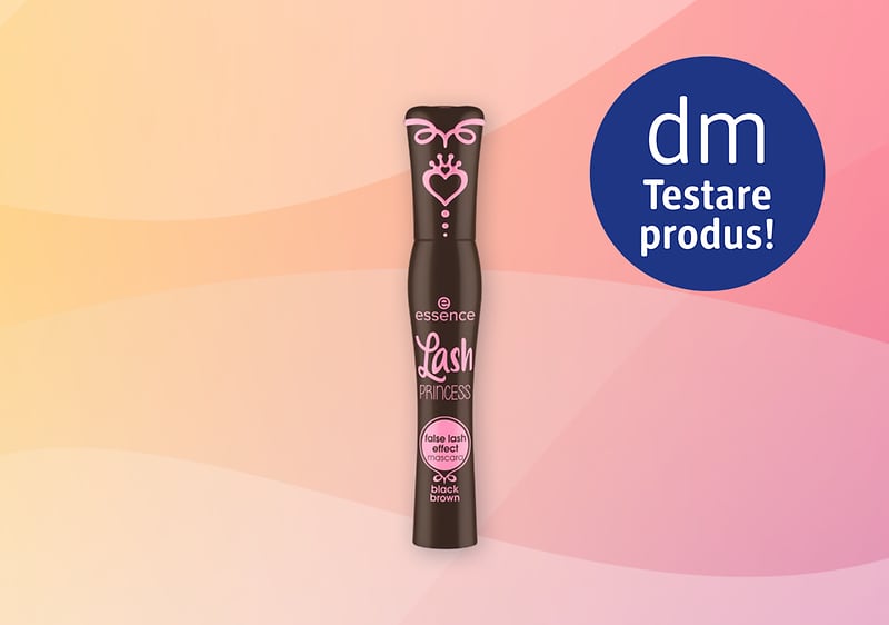 Mascara Essence Lash Princess negru pe fundal degrade roz cu siglă dm Testare produs