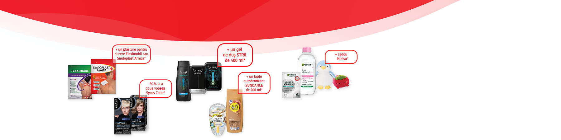 Cosmetice și produse promoționale aranjate cu vopsea de păr, demachiant, gel de duș STR8, plasturi Fleximobil Sindoplast Arnica și lapte autobronzant SUNDANCE