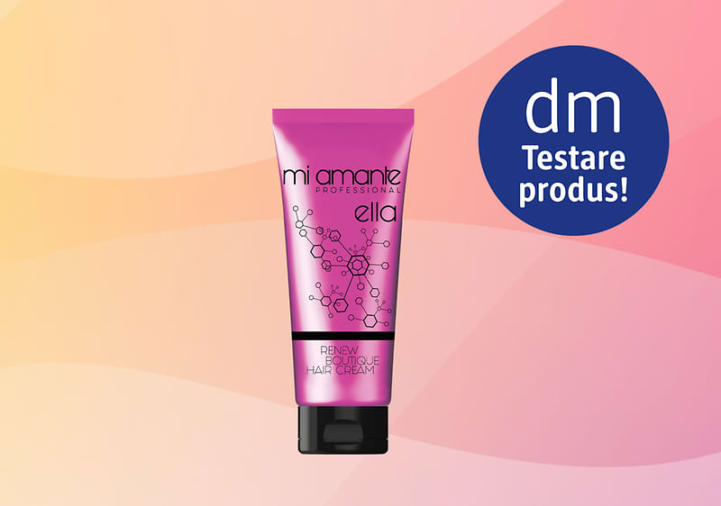 Cremă pentru păr tub roz Mi Amante pe fundal roz-portocaliu cu etichetă dm Testare produs