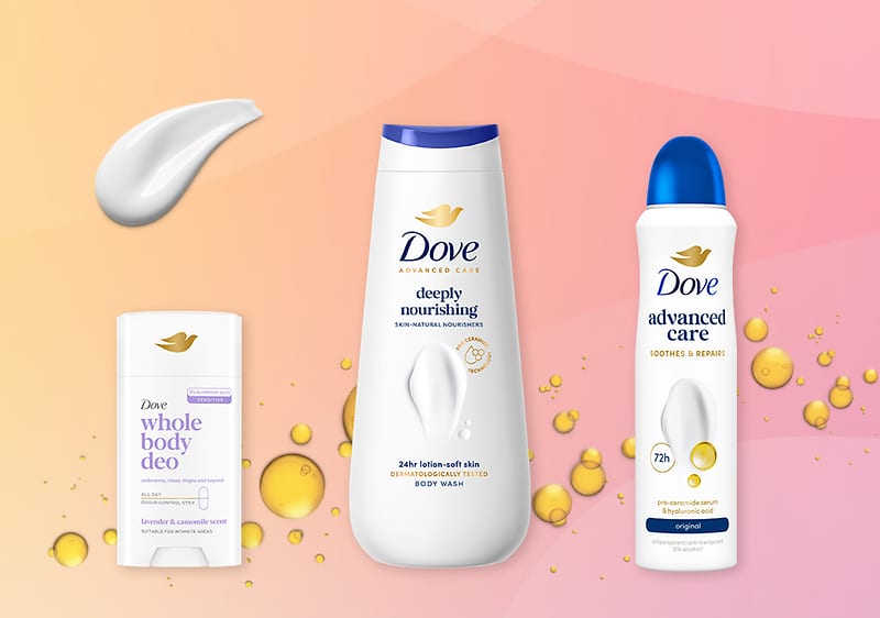 Produse Dove pe fundal roz cu balsam cremă, stick deodorant, gel de duș și spray deodorant