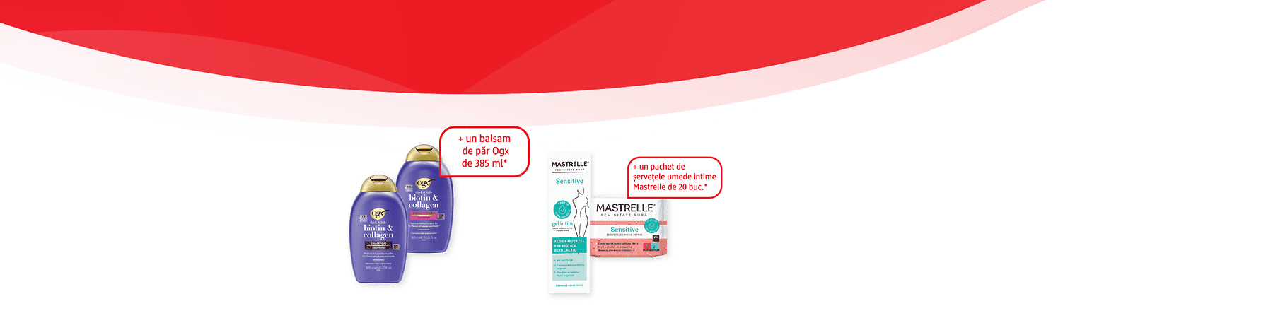 Produse cosmetice pe fundal alb: două șampoane OGX biotin & collagen și un balsam plus gel intim Mastrelle și pachet de șervețele intime