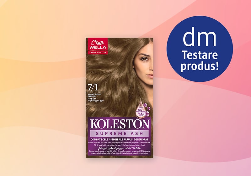 Cutie de vopsea de păr Koleston Supreme Ash nuanța 7/1 pe fundal roz‑pal