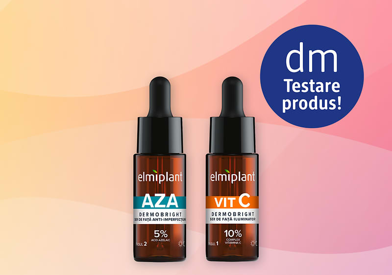 Ser de față Elmiplant AZA și Vit C în sticle cu pipetă pe fundal colorat cu etichetă dm Testare produs