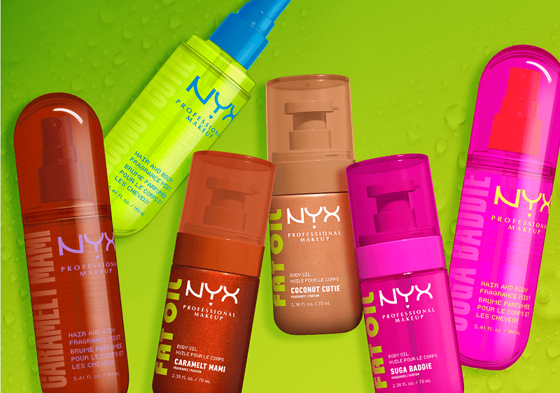 Sticle colorate de produse NYX Professional Makeup pe fundal verde, diferite nuanțe și etichete vizibile