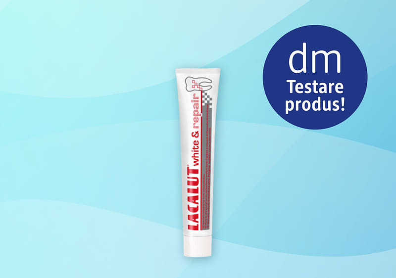 pastă de dinți Lacalut White & Repair într-un tub pe fundal albastru cu sigla dm Testare produs