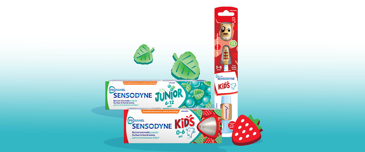 Pasta de dinți Sensodyne Kids pentru copii 0-12 ani cu ambalaje și periuță decor fructe și frunze