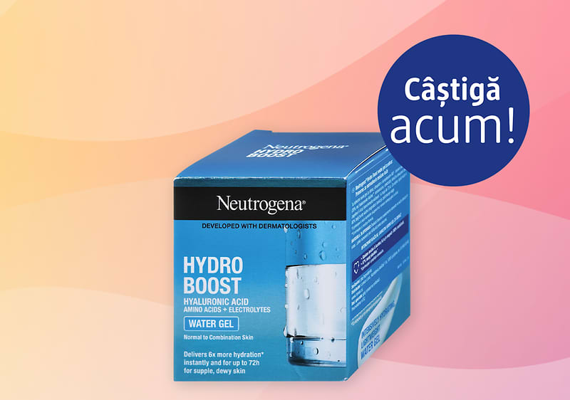 Neutrogena Hydro Boost gel-cremă hidratant cu acid hialuronic pe fundal colorat și balon text câștigă acum