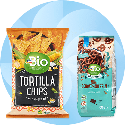 Tortilla chips a mini čokoládové praclíky značky dmBio