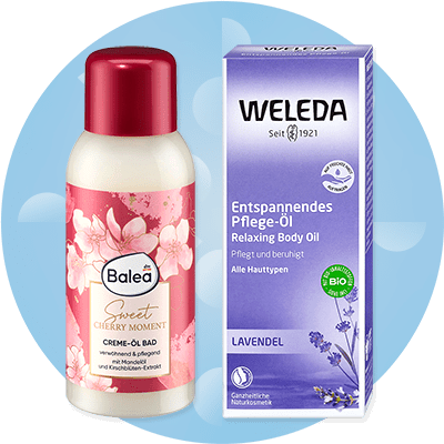 Balea krémový olej Sweet Cherry Moment a Weleda relaxačný telový olej Lavendel