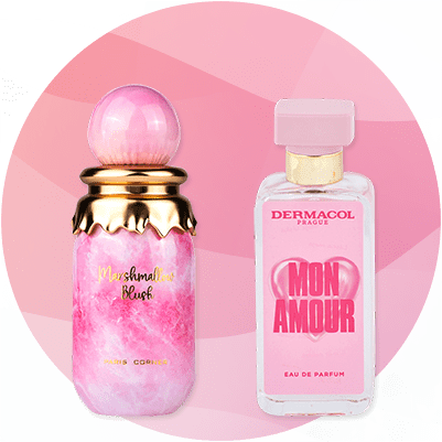 Parfum Marshmallow Blush a Mon Amour na ružovom pozadí
