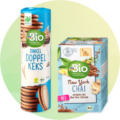 Obaly dmBio produktov: Dinkel Doppel Keks a New York Chai čaj