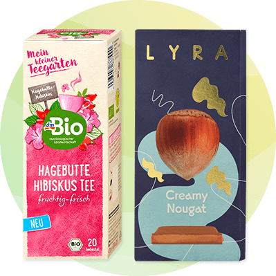 Obal čaju a čokolády s lieskovým orieškom.