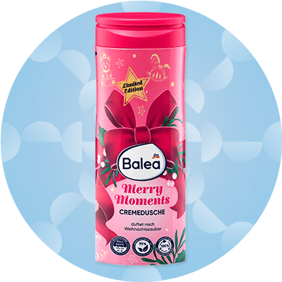 Ružový sprchový gél Balea s vianočným motívom a nápisom Merry Moments