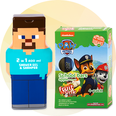 Detská fľaša v tvare postavy z videohry a balenie detských jablkových tyčiniek s postavičkami Paw Patrol