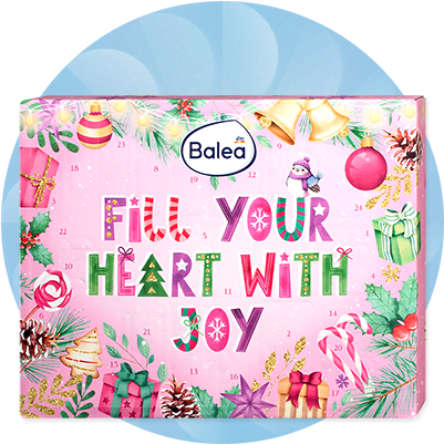 Adventný kalendár Balea s vianočnými ozdobami a nápisom Fill your heart with joy