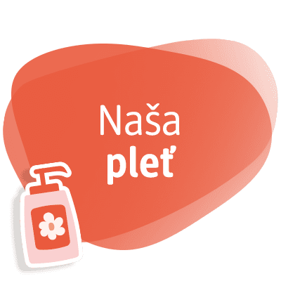 Naša pleť, červené pozadie, fľaša s pumpičkou a kvetinovým motívom