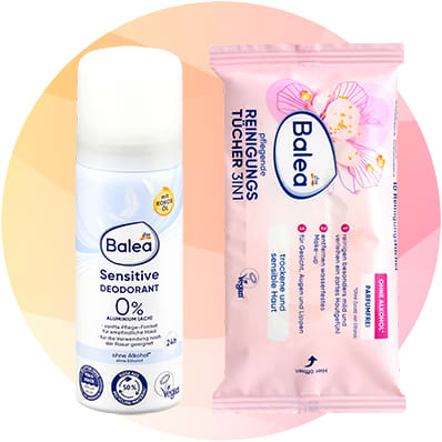 Dva Balea produkty: deodorant vo fľaštičke a balenie čistiacich utierok v ružovom obale
