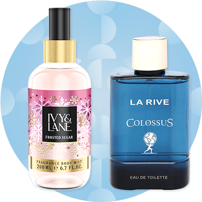 Dve fľaše parfumov: Ivy & Lane s ružovým dizajnom a La Rive Colossus v modrej farbe
