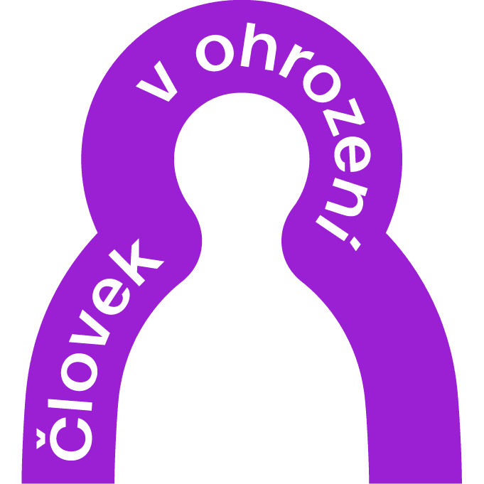 Fialová silueta s textom človek v ohrození