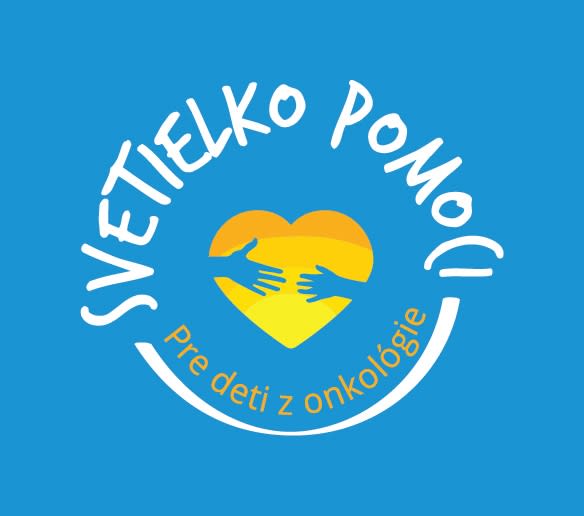 Logo Svetielko pomoci srdce s rukami a text Pre deti z onkológie na modrom pozadí