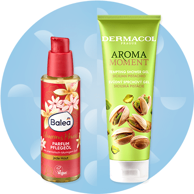 Dva kozmetické produkty: Balea parfumový olej a Dermacol sprchový gél s vôňou pistácie