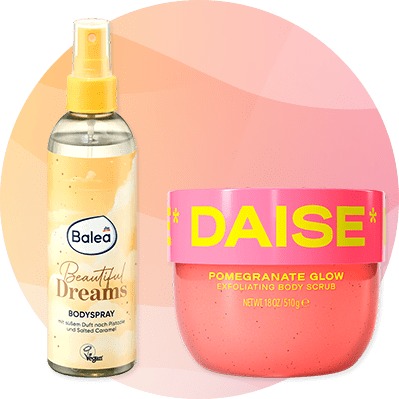 Telový sprej Balea a exfoliačný telový peeling Daise
