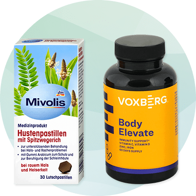 Obrázok: Dva produkty, Mivolis Hustenpastillen a Voxberg Body Elevate.