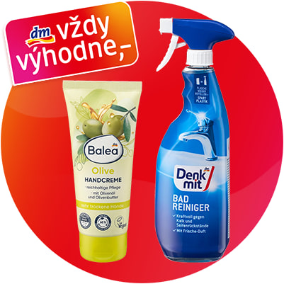 Krém na ruky Balea a čistič Denkmit na červenom pozadí, logo vždy výhodne