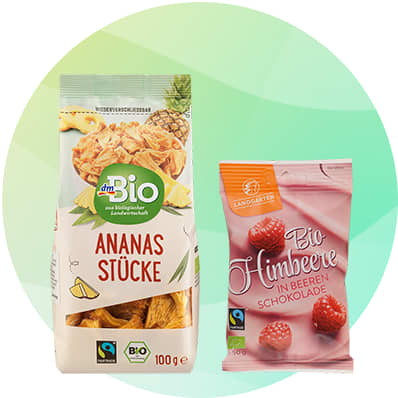 Obaly produktov: sušený ananás a bio maliny v čokoláde s logom fairtrade