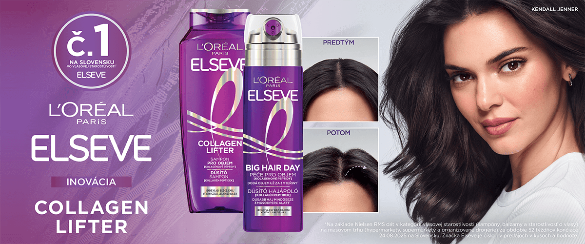 Produkty L'Oréal Elseve na vlasy a tmavé vlasy modelky.