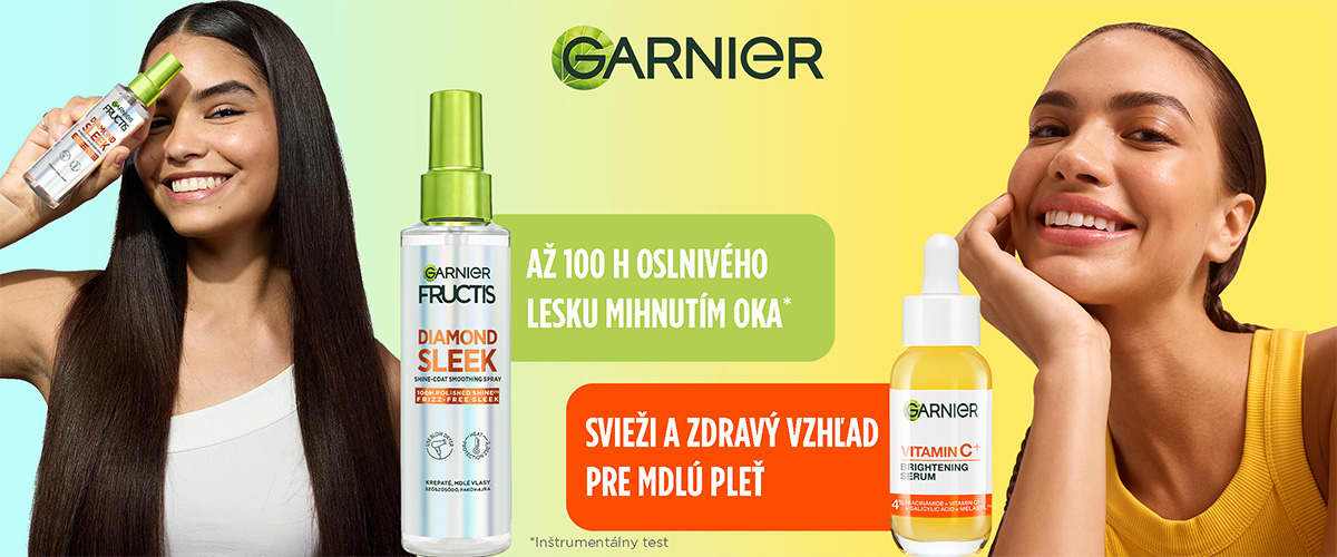 Reklamný banner Garnier s dvoma produktmi a dvoma modelkami držiacimi kozmetiku, žltozelené pozadie