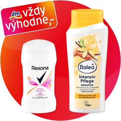 Dva kozmetické výrobky na červeno-oranžovom pozadí: dezodorant Rexona a šampón Balea