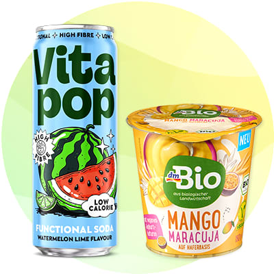 Nápoj Vita Pop vodný melón a limetka vedľa dmBio jogurtu mango marakuja