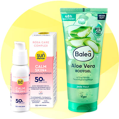 Dve kozmetické produkty: opaľovací sérum Sun Dance SPF 50 a Balea Aloe Vera telové mlieko