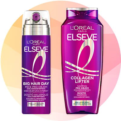 Dve fialové fľaše L'Oréal Elseve šampón a sprej Collagen Lifter pre objem vlasov